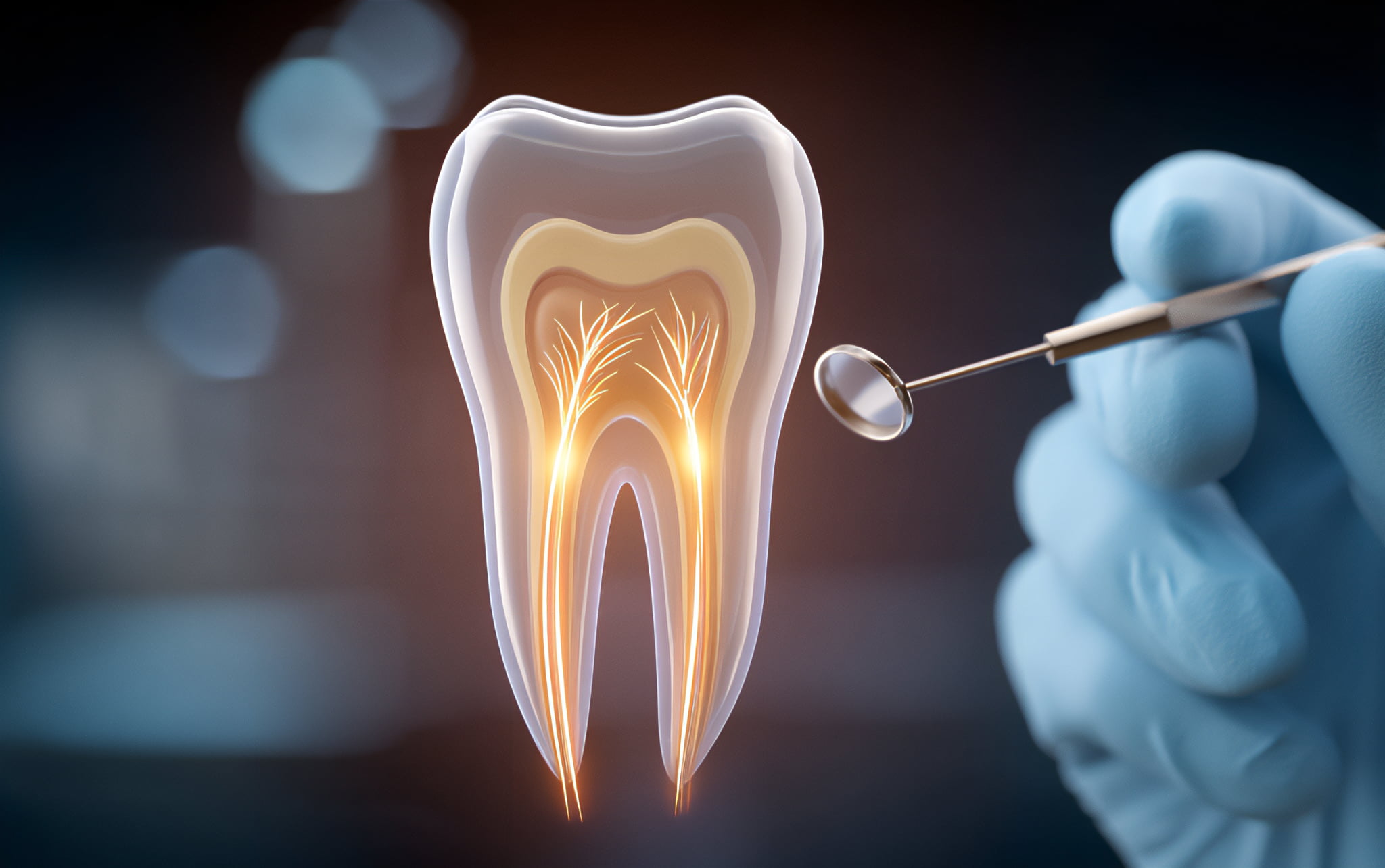 歯と歯の神経を診察する医療器具を持った歯科医の手のイメージ